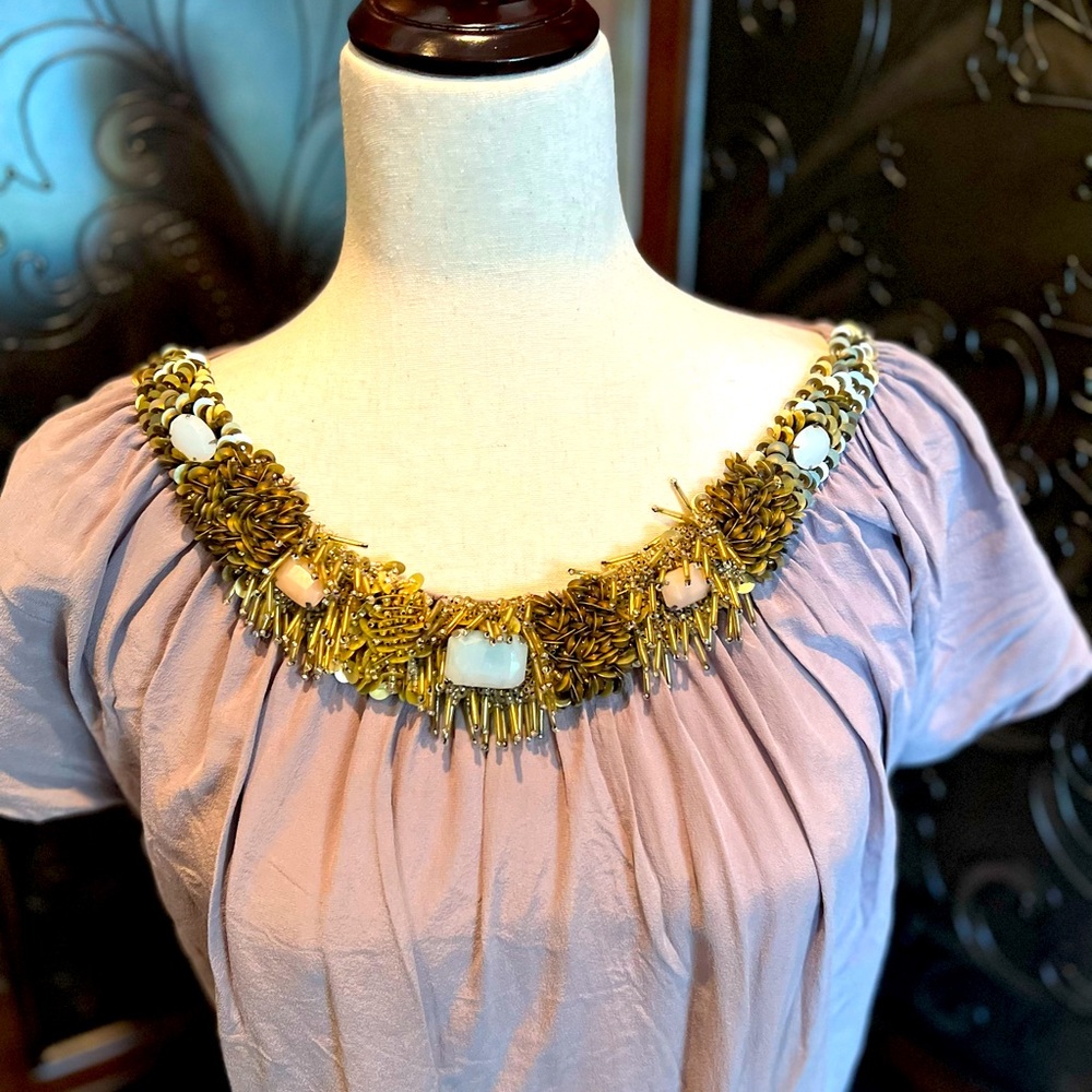 Embellished collar taupe silk dress size s